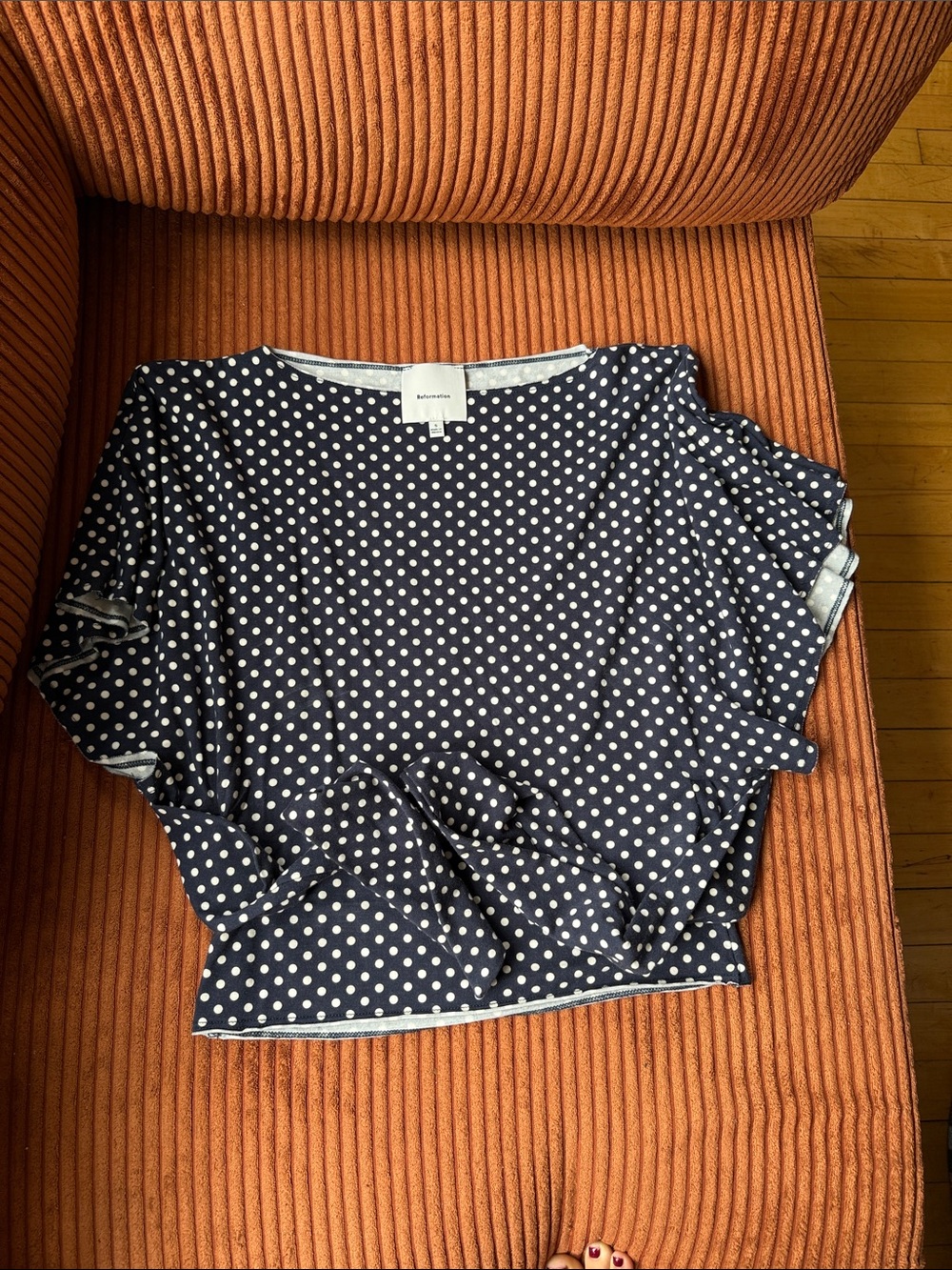 REFORMATION Avery top Navy and White Polka Dot